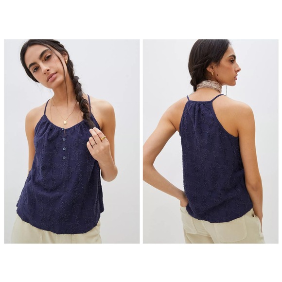 Anthropologie Tops - Anthropologie Tank Top Women Size M Navy Textured Fil Coupe Button Cami Blouse